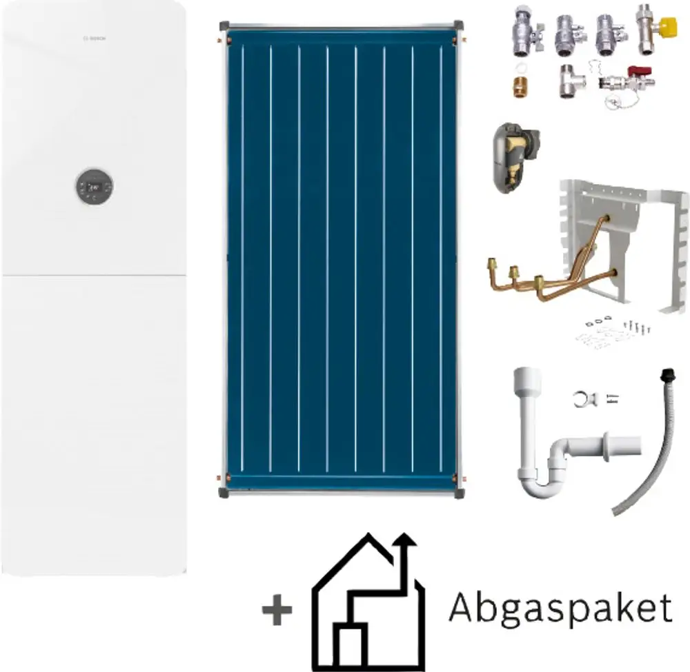 Bosch-Gasgerät in Weiß mit einem blauen Solarkollektor und verschiedenen Installationszubehörteilen für eine Heizungsanwendung.
